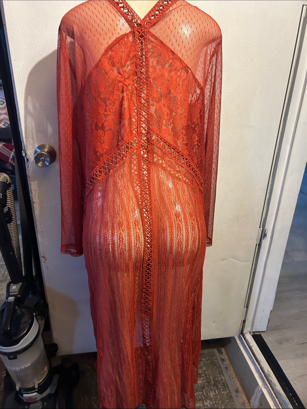Sheer Lace Long Robe in Rust Red - Picture 6 of 6